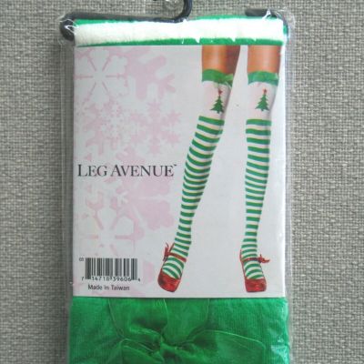 HOLIDAY PARTY BOW TOP STRIPED NYLON THIGH HIGH PRINTED CHRISTMAS TREE LEG AVENUE